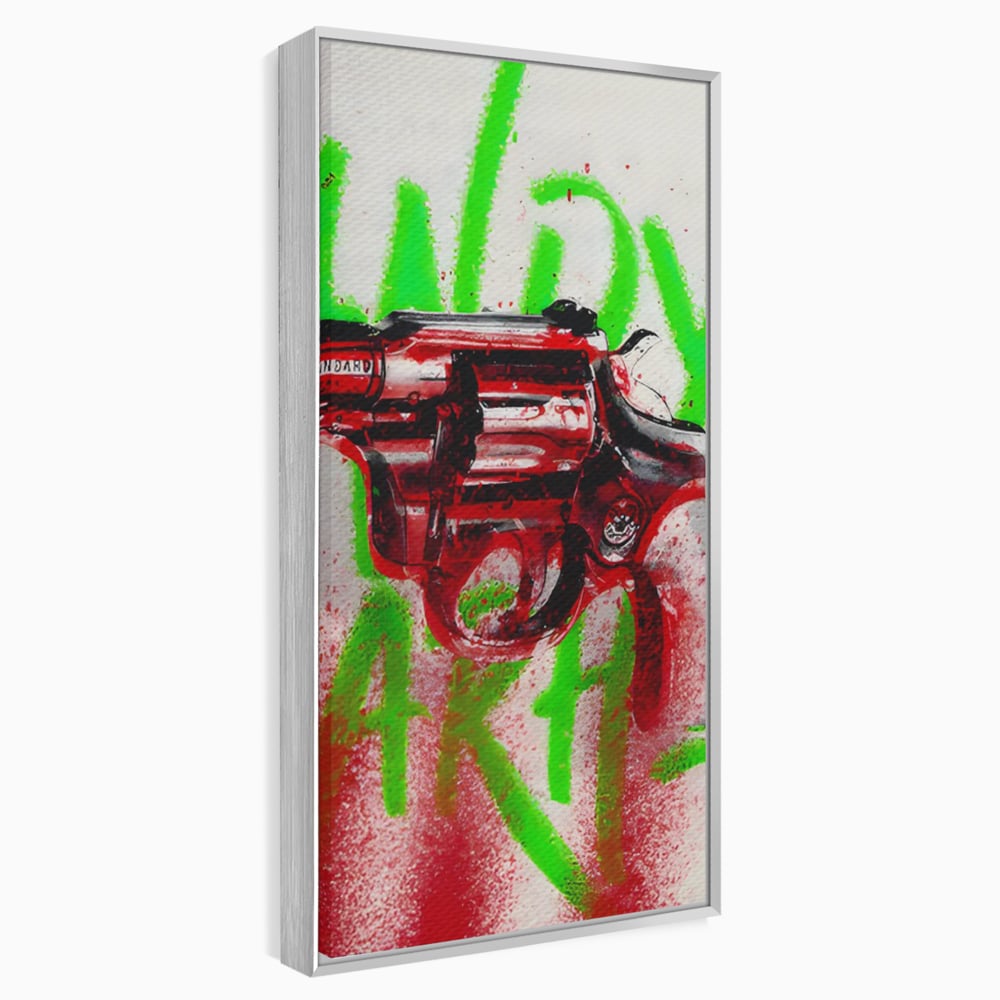 Tablou canvas cu tablou canvas cu pistol rosu si graffiti, in rama de aluminiu argintiu